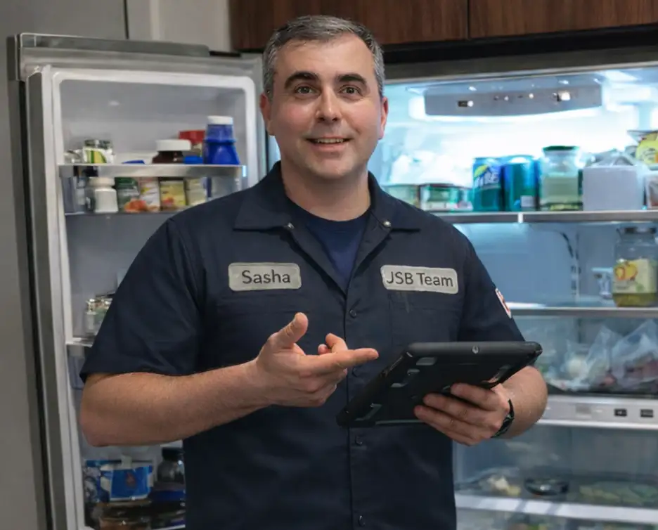 A picture of a JSB appliance repairman near a refrigerator.
